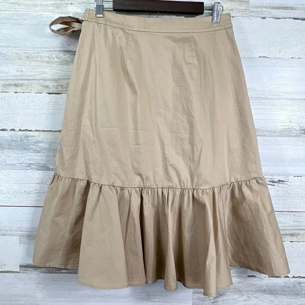 Ann Taylor LOFT‎ Tan Faux Wrap Midi Skirt Ruffle Tie Waist Size 6